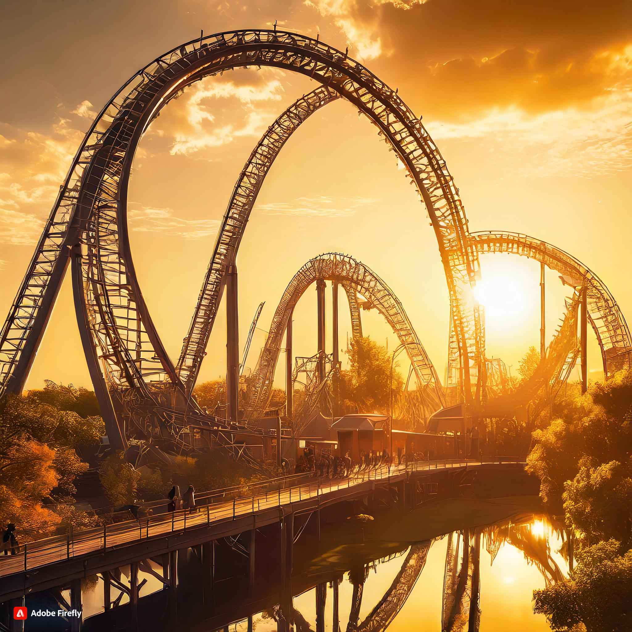 Photo of an amusement park with large steel coaster taken at sunset